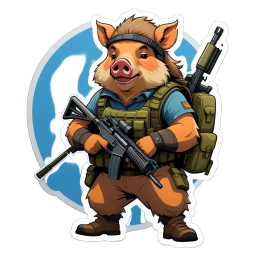 A cartoon picture of a pig with a rifle.