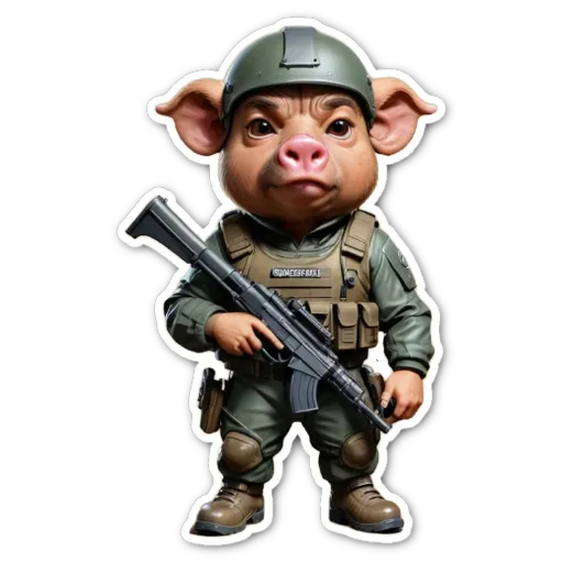 A cartoon depiction of a pig with a rifle.