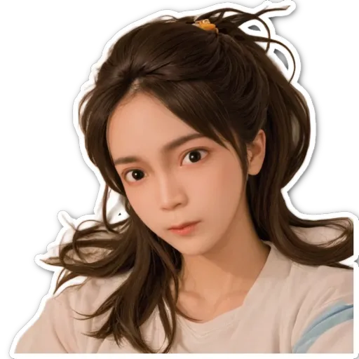 A girl with long hair wearing a white shirt has a bird in her hair.