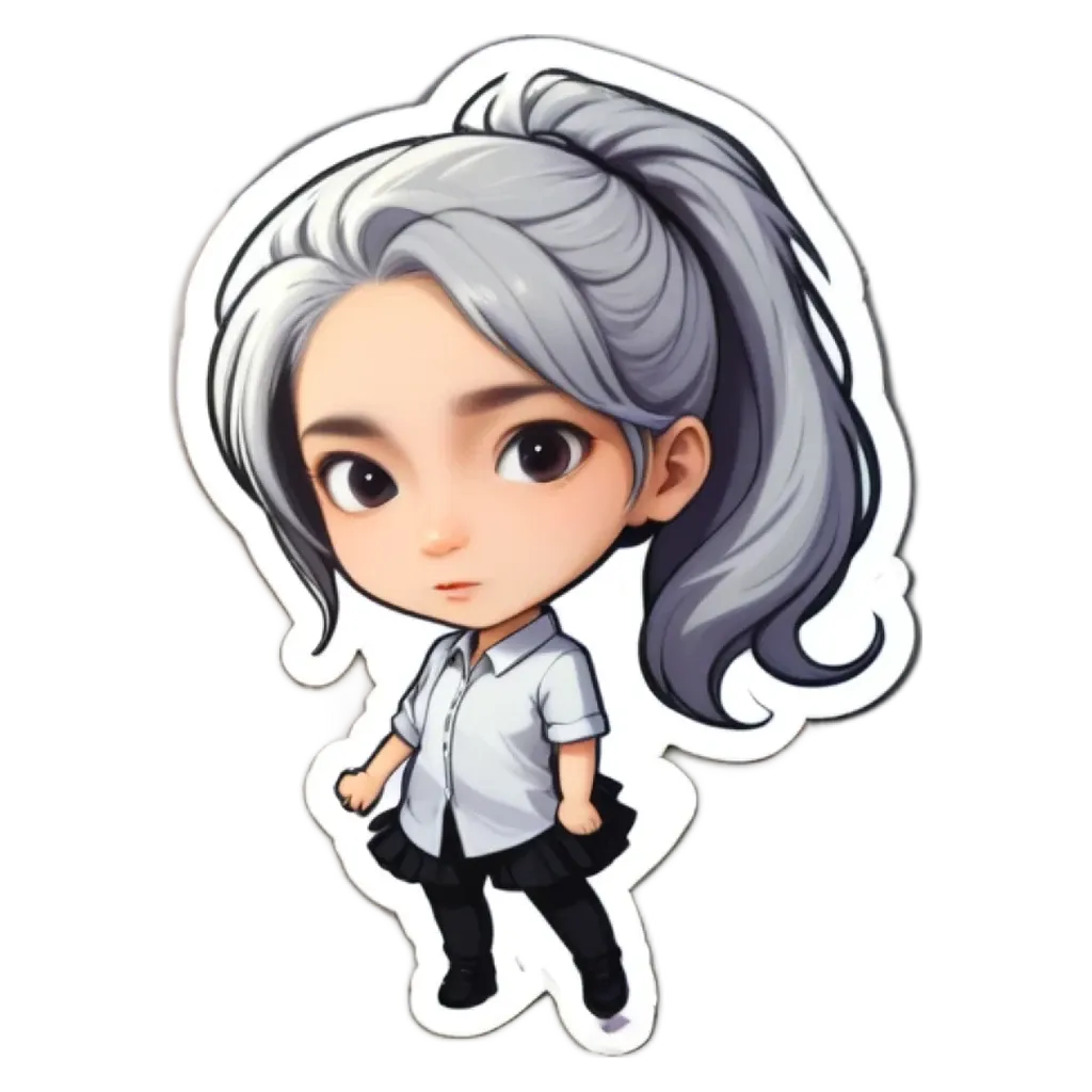 A girl with a short ponytail is wearing a white shirt and black skirt.