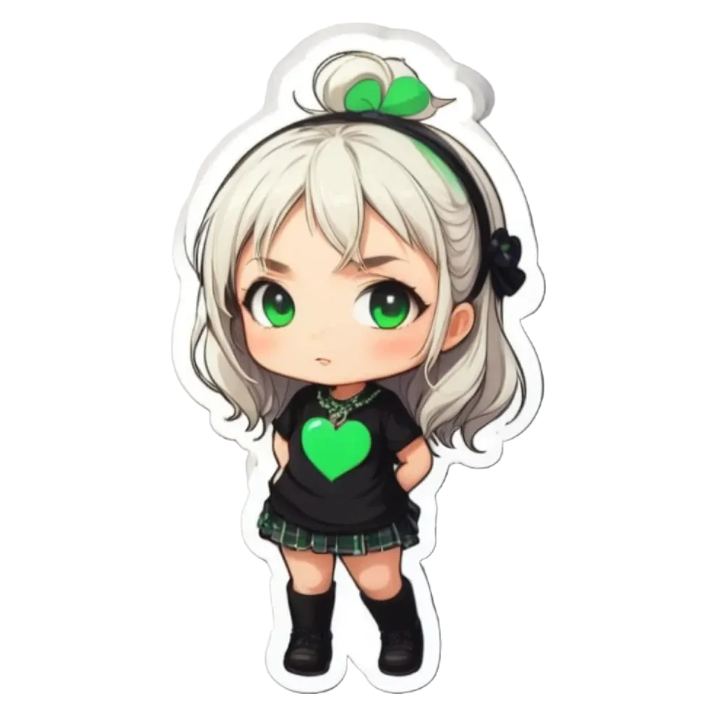 A girl with a black shirt and green heart.