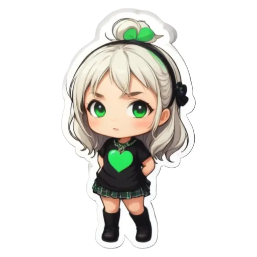 A girl with a black shirt and green heart.