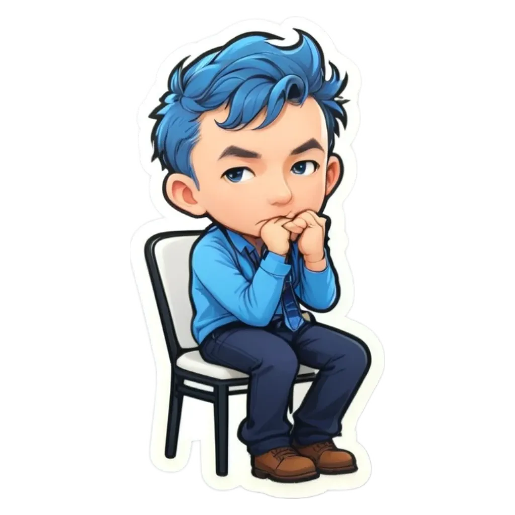 A boy with blue hair and a serious expression is sitting in a chair.