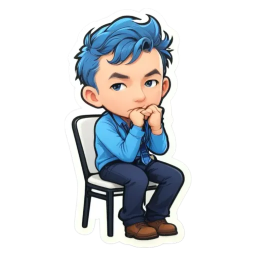 A boy with blue hair and a serious expression is sitting in a chair.