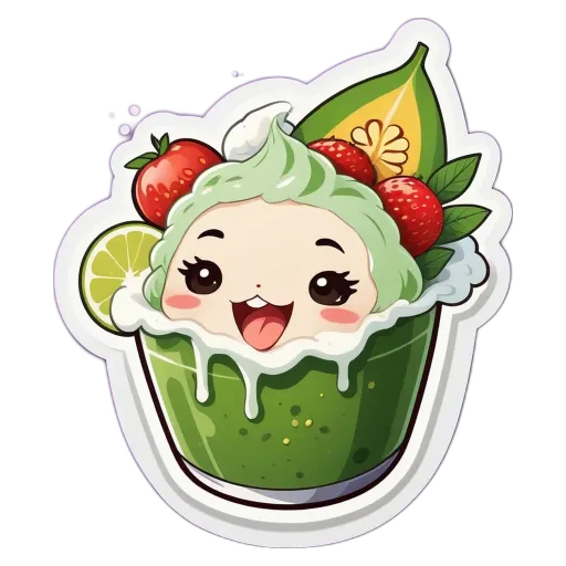 A green and white character eating a fruit salad.