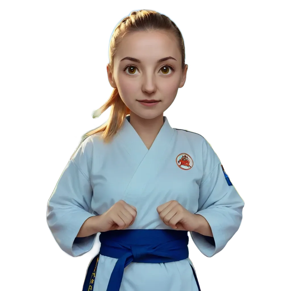 A cartoonish drawing of a girl in a martial arts uniform.
