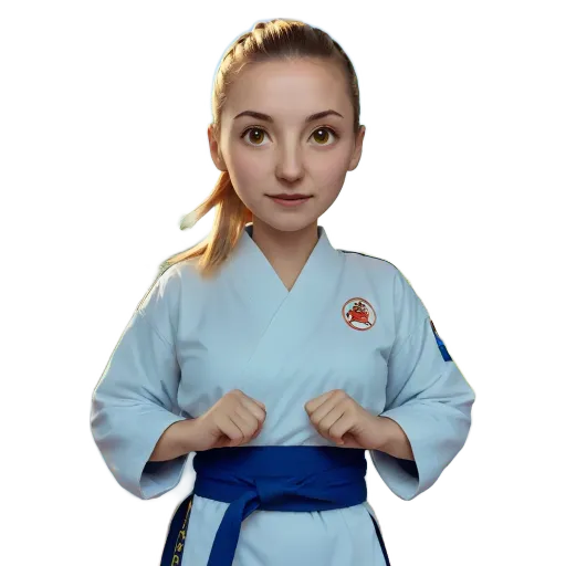 A cartoonish drawing of a girl in a martial arts uniform.