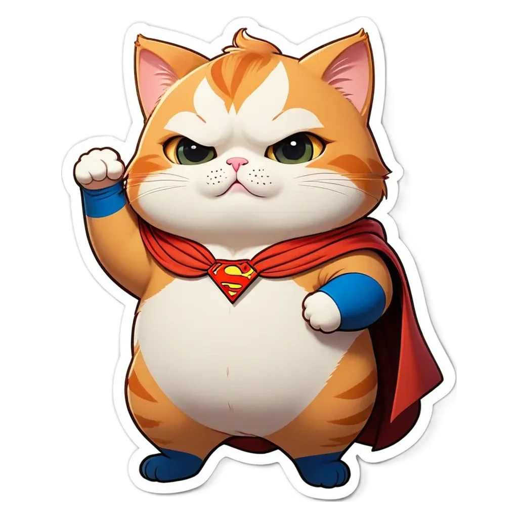 An orange and white cat with blue and red cape it is on a black background.