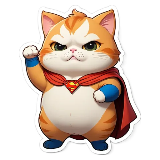 An orange and white cat with blue and red cape it is on a black background.