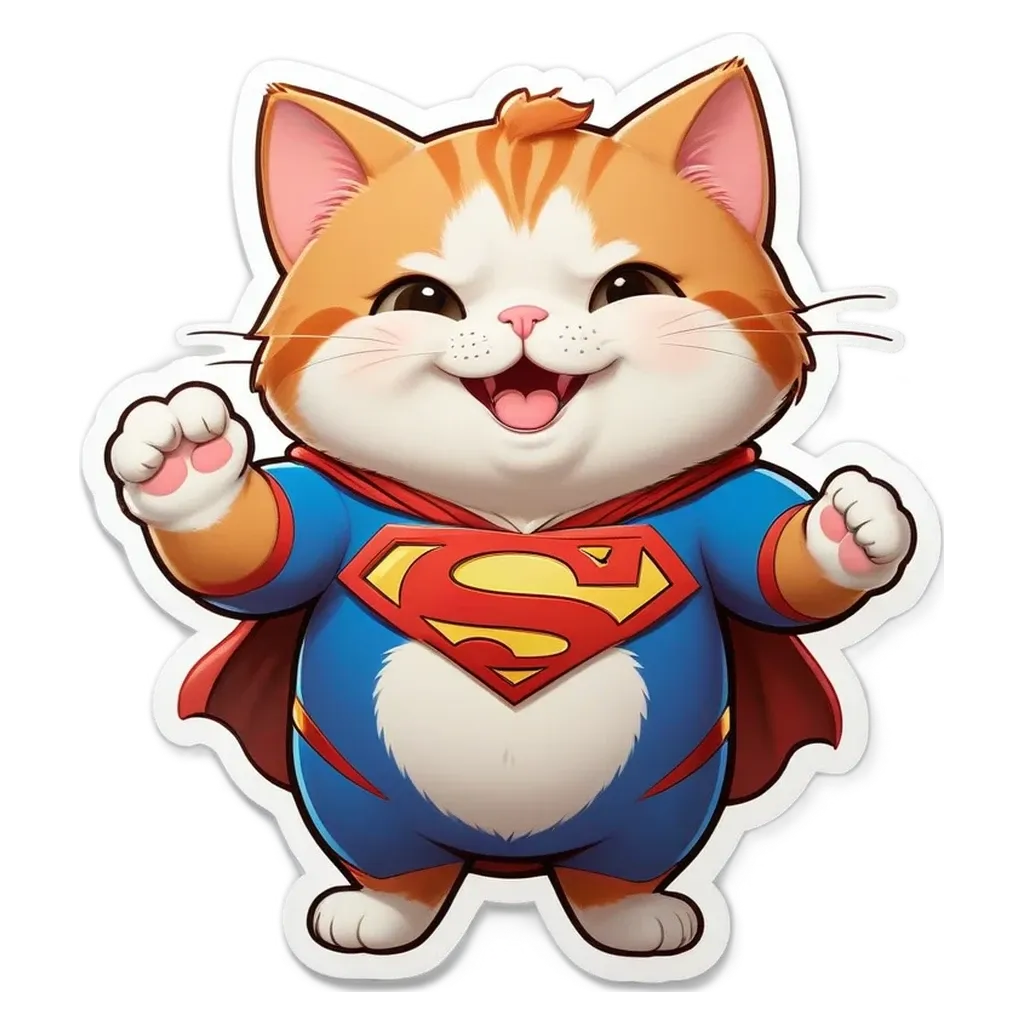 A cartoonish drawing of a cat in superman costume.