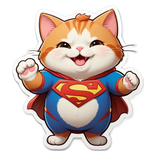 A cartoonish drawing of a cat in superman costume.