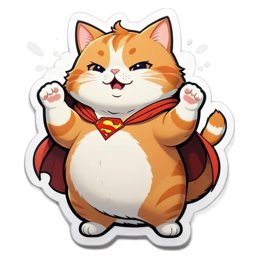 A cartoonish drawing of a cat wearing a cape and superman costume.