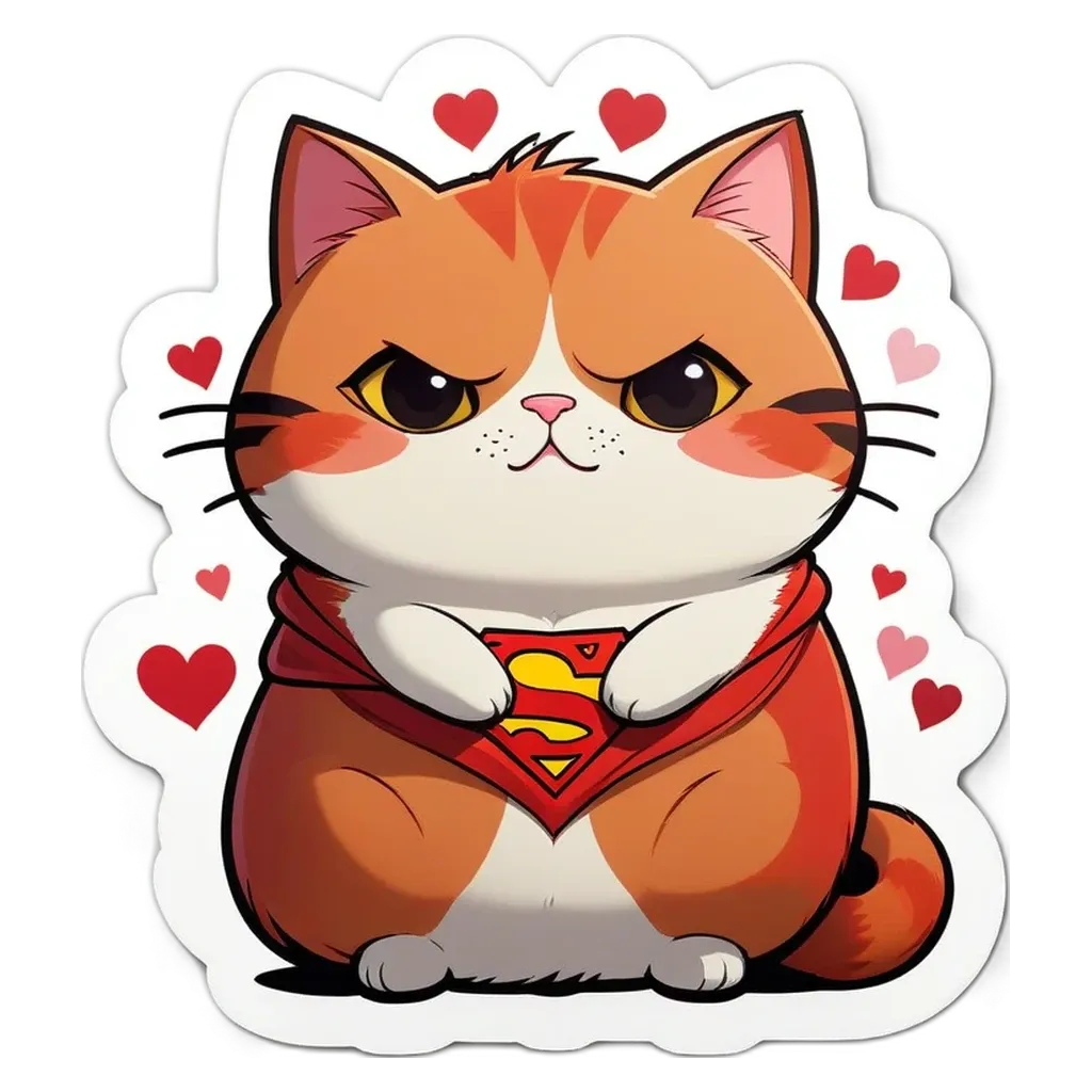 A cartoon cat wearing a cape and holding a heart is on a black background.