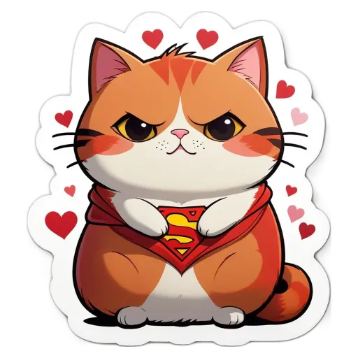 A cartoon cat wearing a cape and holding a heart is on a black background.