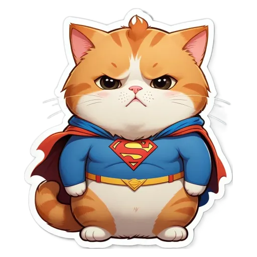 A cartoon cat in blue and red cape is looking very angry.