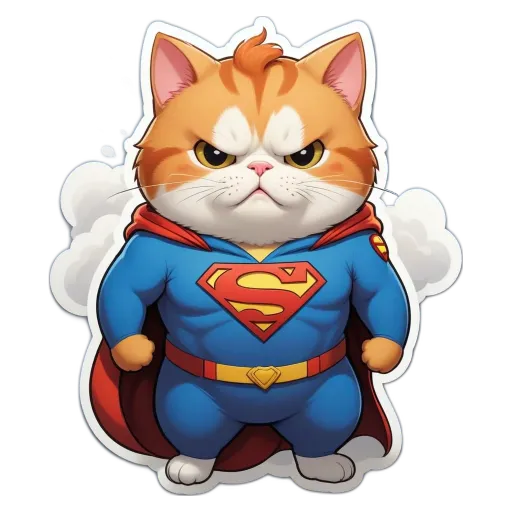 A cartoon cat in blue and red costume with the word Superman on it.