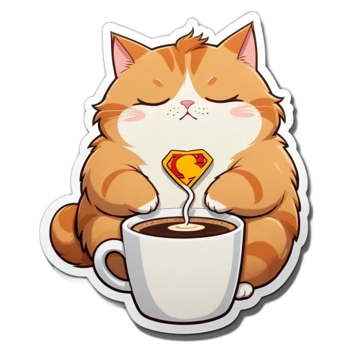 A cat holding a cup of coffee with a sticker that says "My best is superman".
