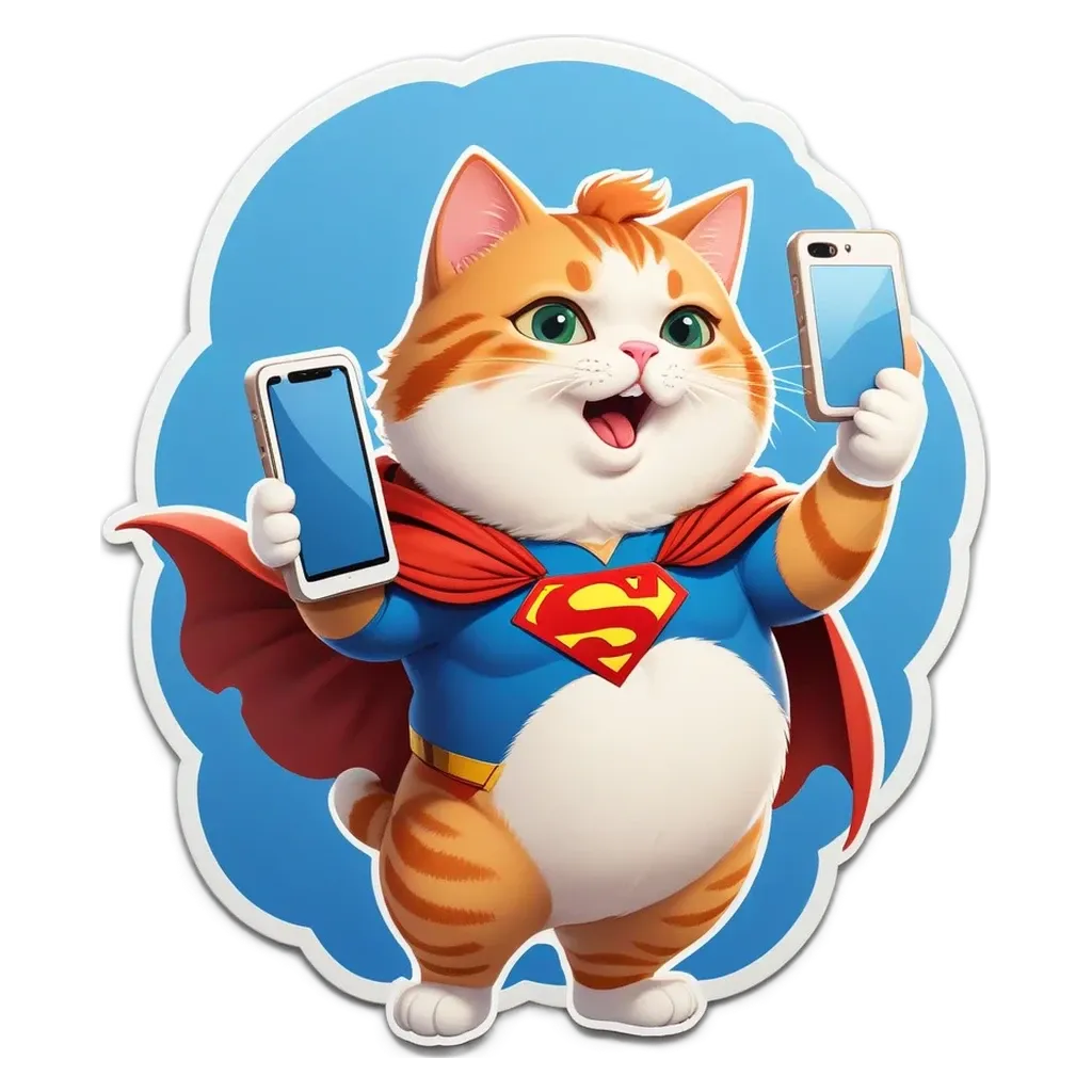 A cartoon cat holding two cell phones and wearing a cape that says "Superman".