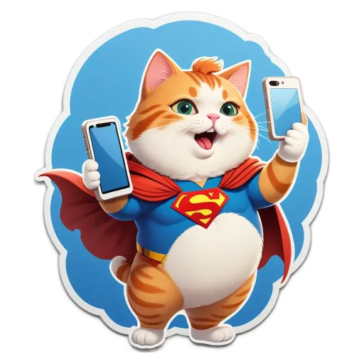 A cartoon cat holding two cell phones and wearing a cape that says "Superman".