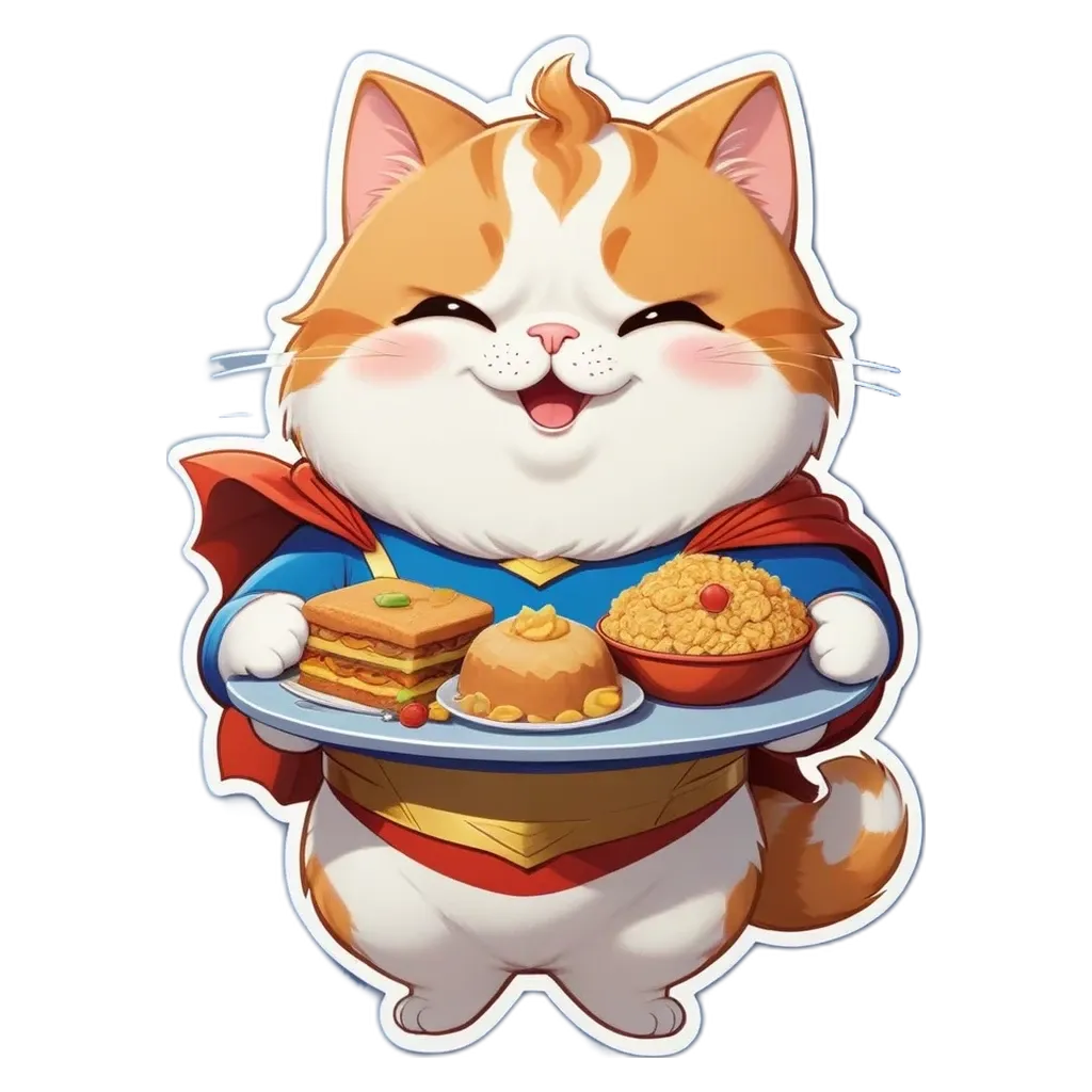 A cartoon cat carrying a plate of food is showing it off.