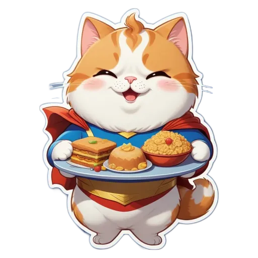 A cartoon cat carrying a plate of food is showing it off.