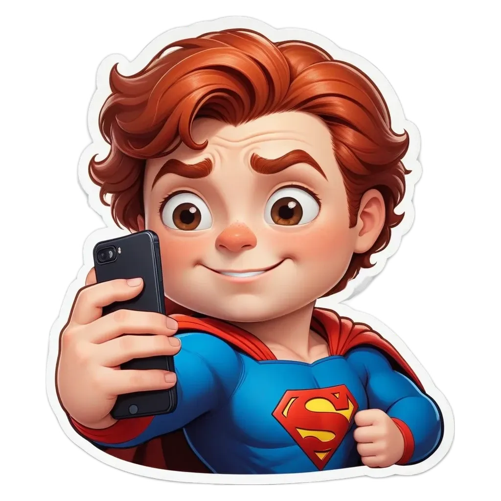 A boy in a blue and red costume holding a cell phone.