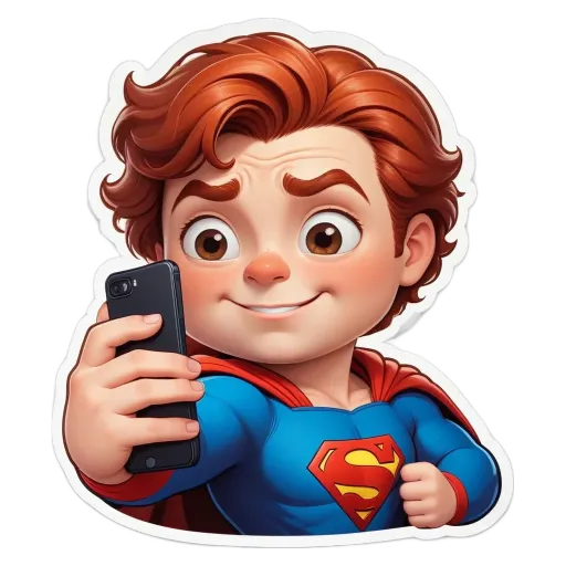 A boy in a blue and red costume holding a cell phone.