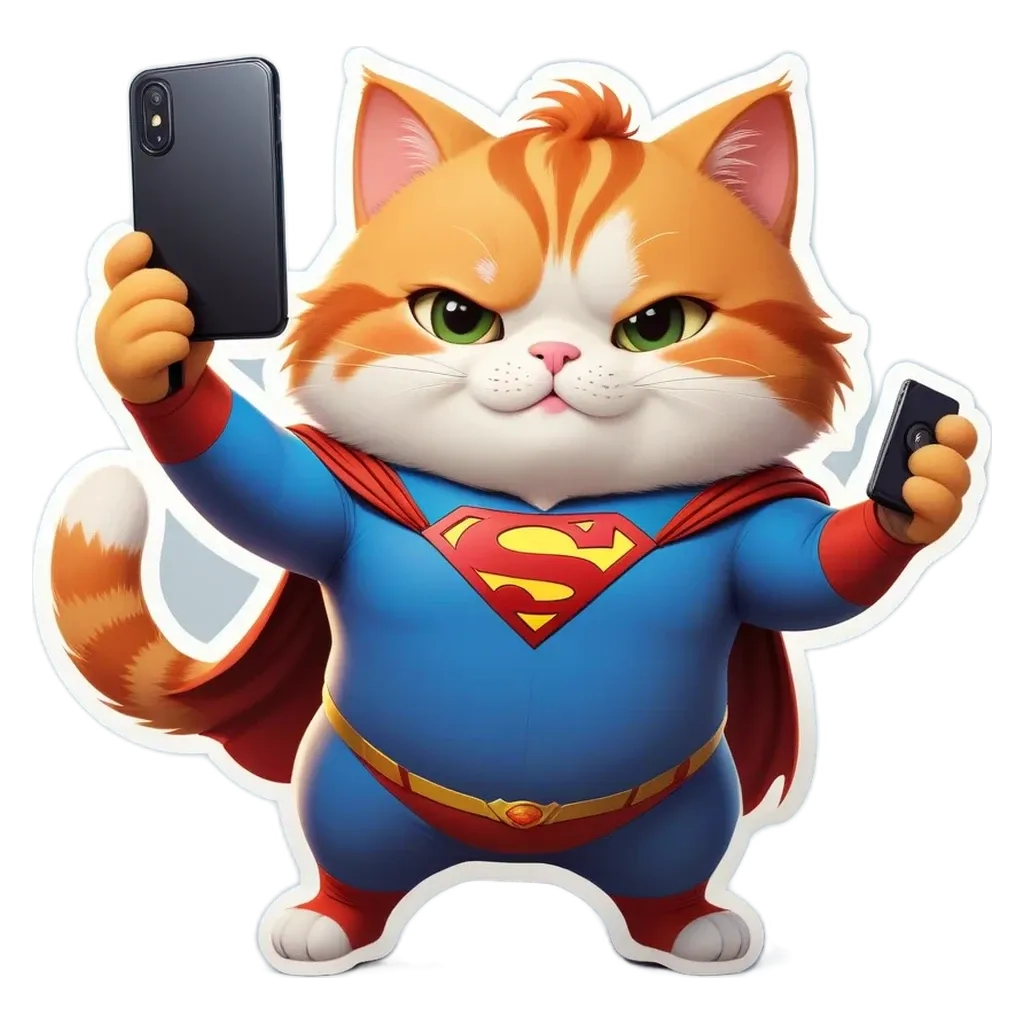 A cartoon cat holding a cell phone in a superman costume.