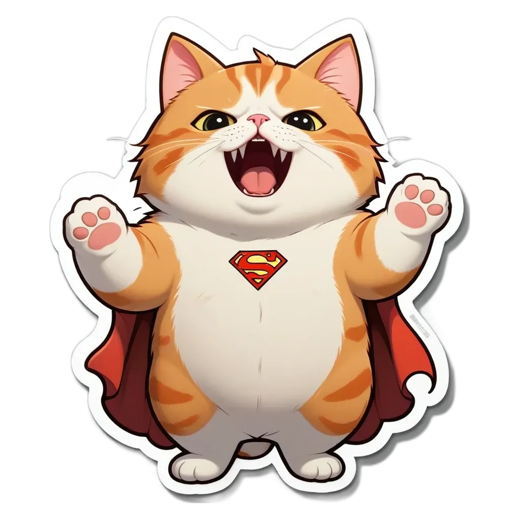 A cartoonish drawing of a cat with a cape and teethy mouth yelling.