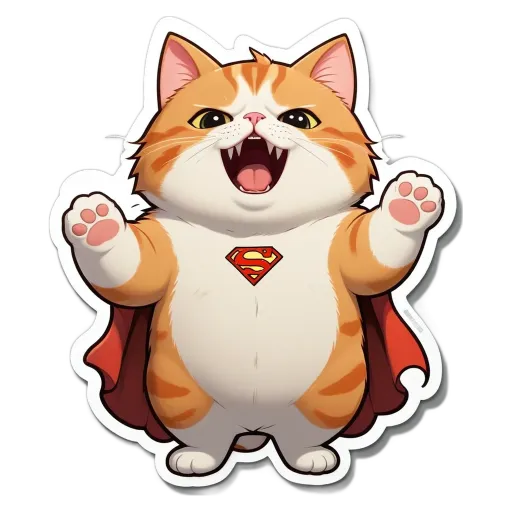 A cartoonish drawing of a cat with a cape and teethy mouth yelling.