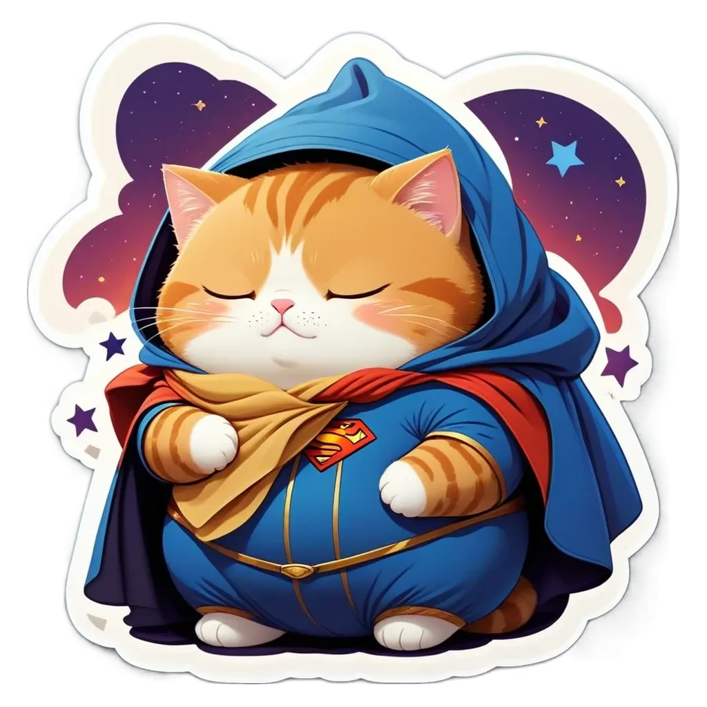 A cat in a blue cape sleeping on a black background.