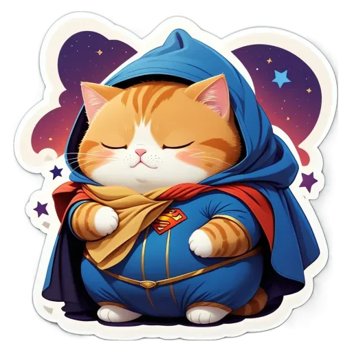 A cat in a blue cape sleeping on a black background.