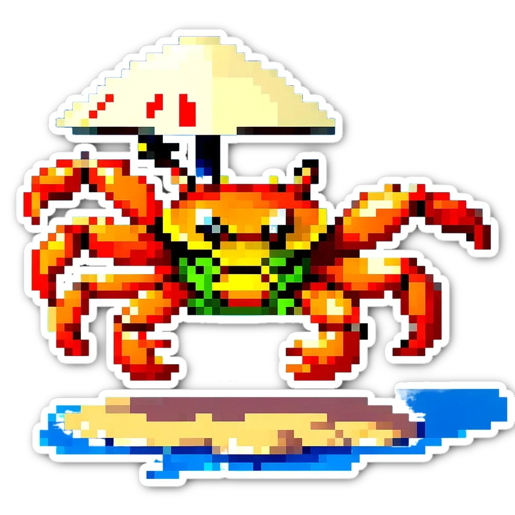 An image of a crab that is pixelated and has a green umbrella.
