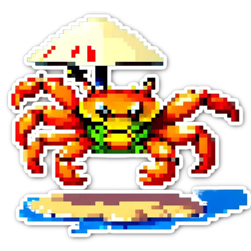 An image of a crab that is pixelated and has a green umbrella.