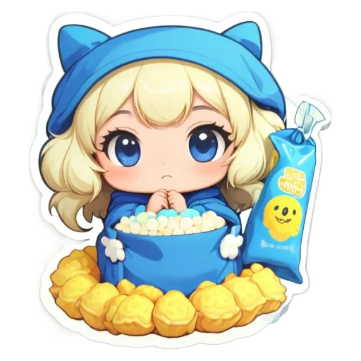 A girl with blue catchers in her eyes sitting in a bag of popcorn.