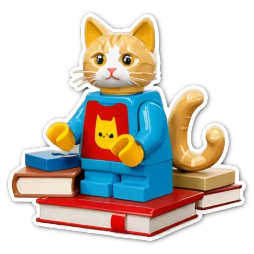 A lego cat sitting on books with the books are red.