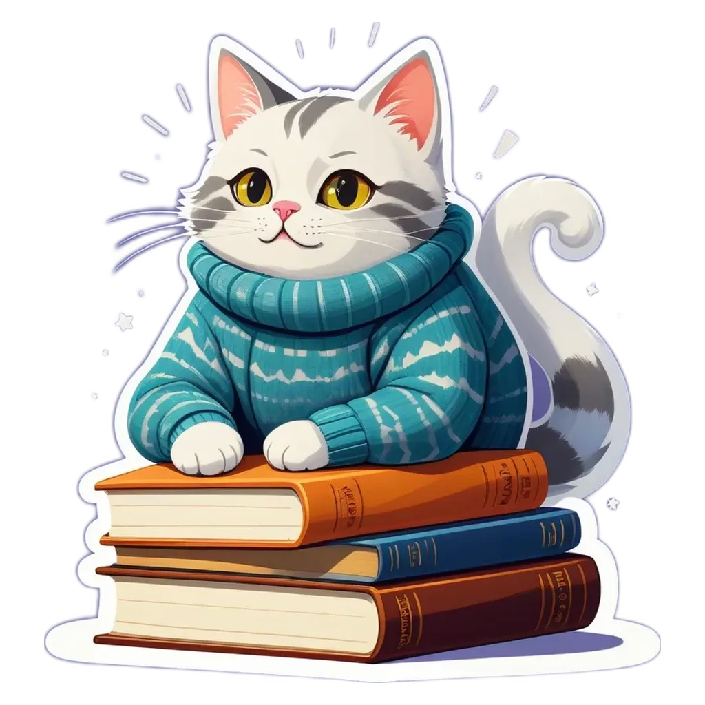 A cat wearing a sweater is sitting on some books.