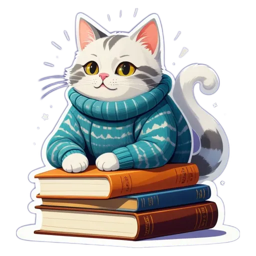 A cat wearing a sweater is sitting on some books.