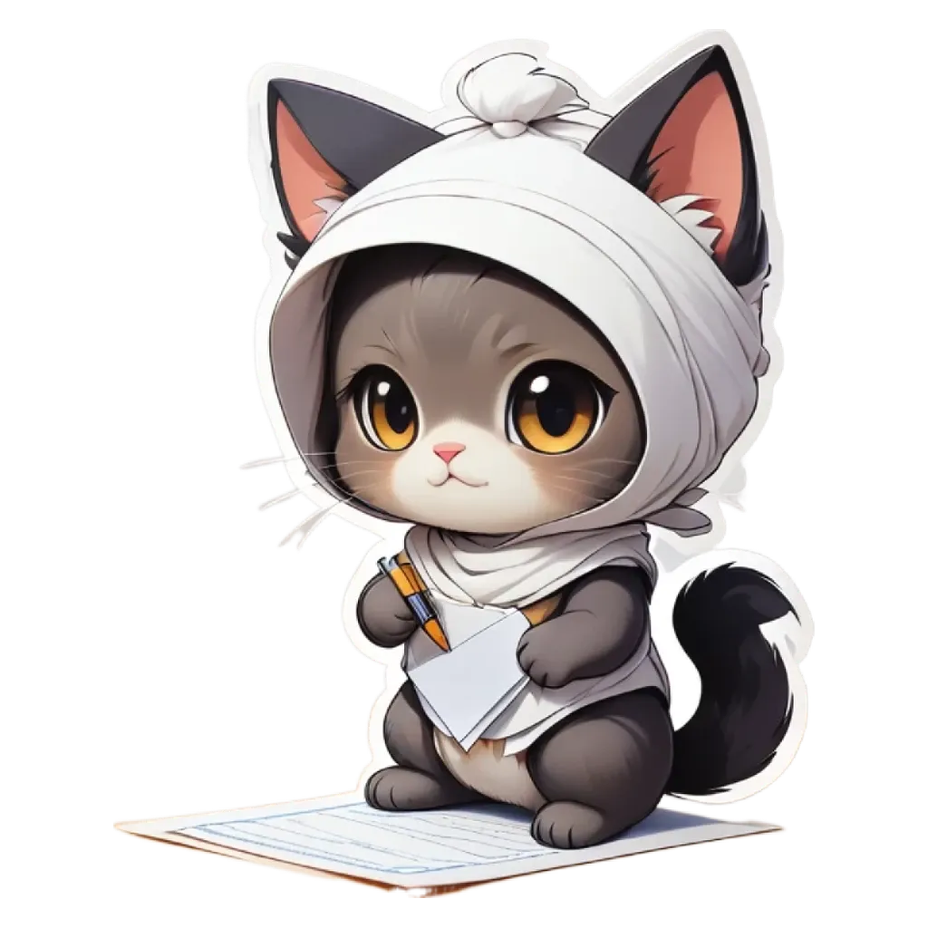 A cartoon cat writing a letter with a pen.