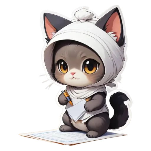 A cartoon cat writing a letter with a pen.