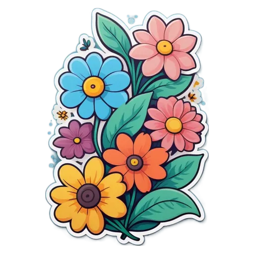 A hand drawn flower with various colored petals is part of a colorful bouquet.