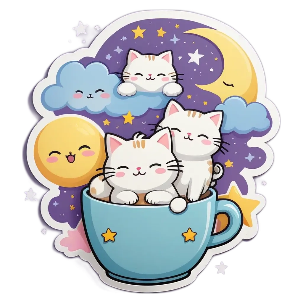 A cute cats sleeping in a cup in front of the moon and stars.