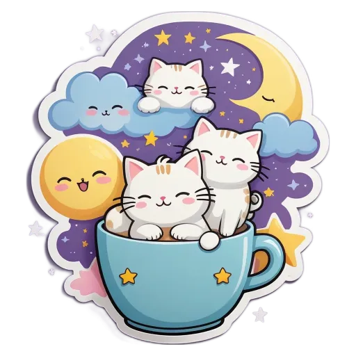 A cute cats sleeping in a cup in front of the moon and stars.