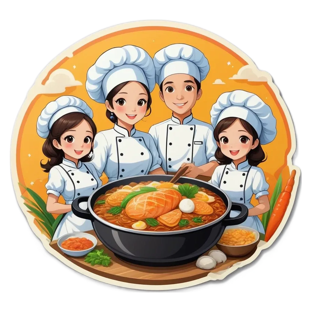 A cartoon of a family of chefs that are all wearing the same clothing.