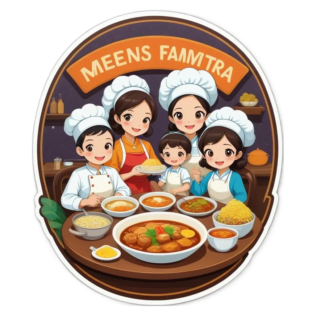 A sticker of a family of five cooking together in a restaurant.