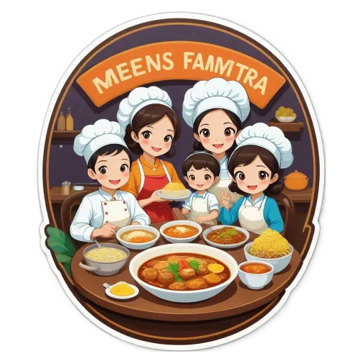 A sticker of a family of five cooking together in a restaurant.