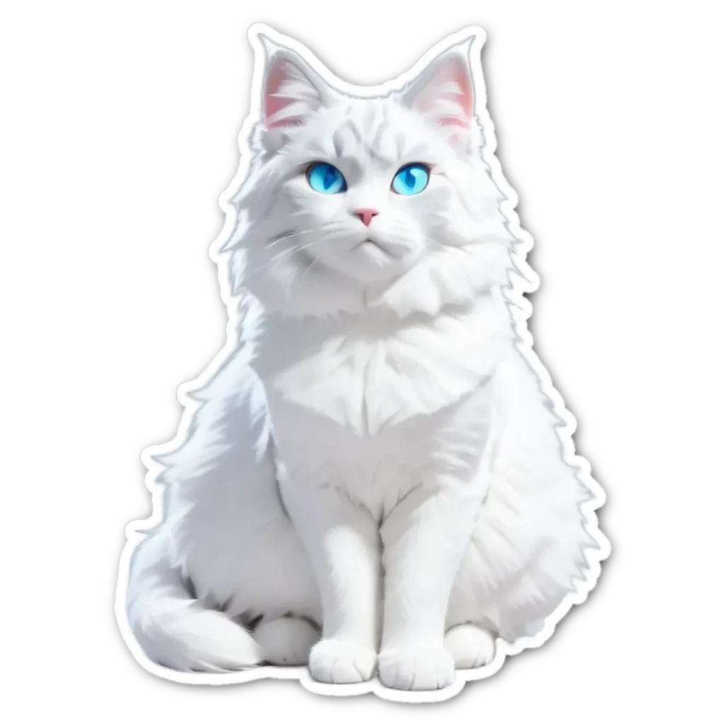 A white cat with blue eyes is sitting on a black background.