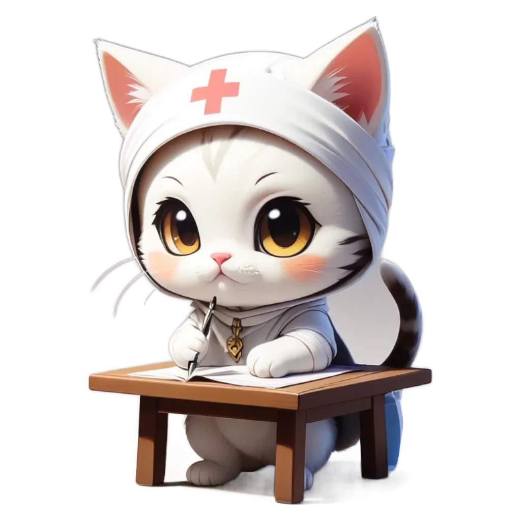 A cartoon white cat sitting at a table with a cross on its head and a piece of paper in front of it.