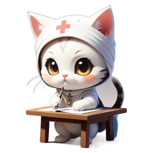 A cartoon white cat sitting at a table with a cross on its head and a piece of paper in front of it.