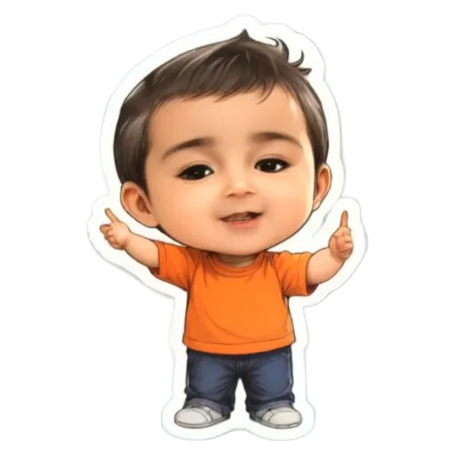 An orange shirt and blue jeans are worn by a cartoon character.